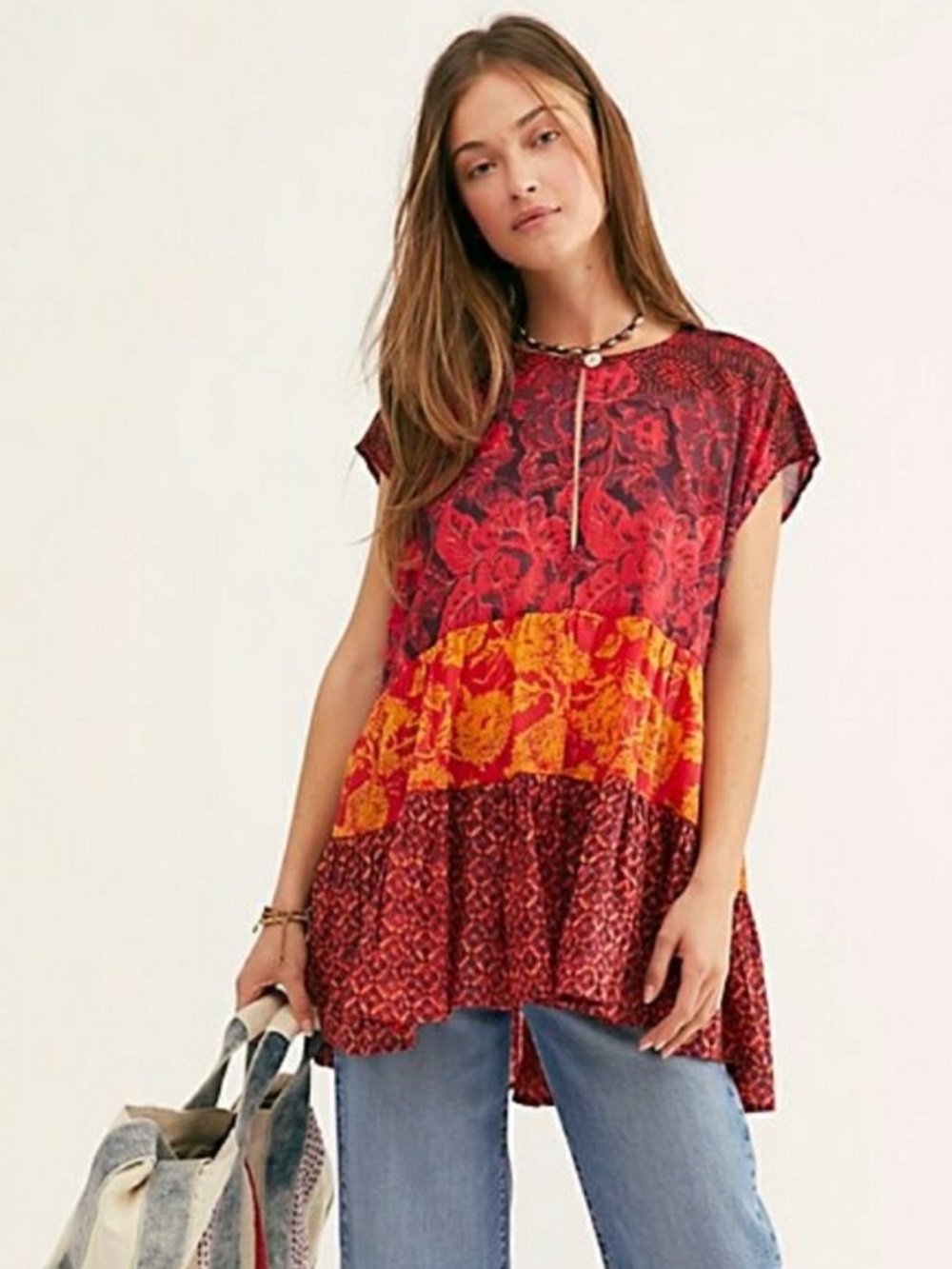 Free People Red and Yellow Floral Mix Tiered Tunic size XS oversized